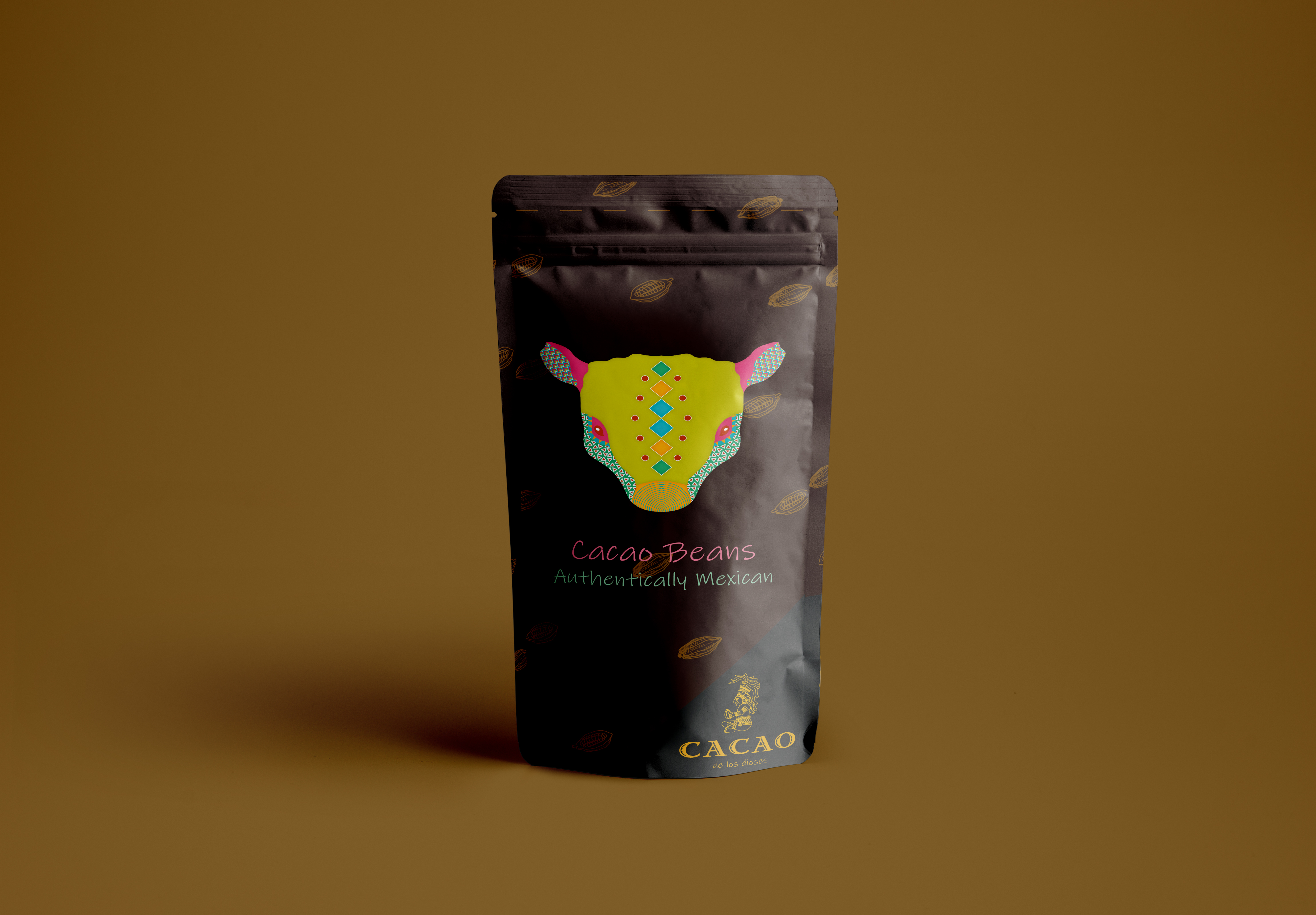 packaging design for cacao beans with a colourful armadillo image