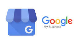Blue storefront icon with a "G" next to "Google My Business" text in colorful letters, set against a white background.