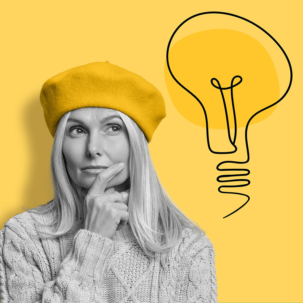 Woman holding her chin wearing a yellow beret thinking about ideas to get creative on yellow background with black light bulb sketch