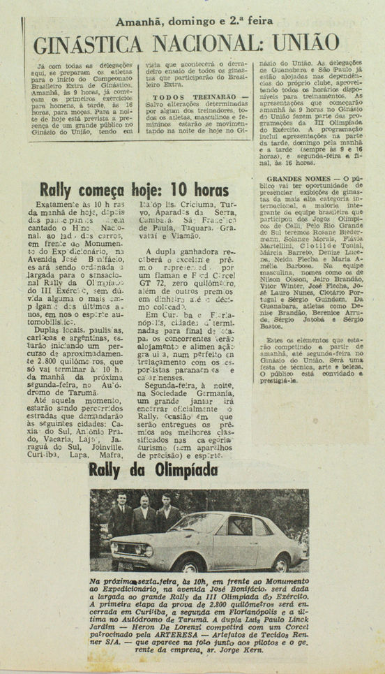 Ginástica Nacional: União. Rally começa hoje: 10 horas. Rally da Olimpíada. Sem identificação do jornal e da data. Arquivo Nacional