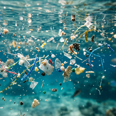 Microplastiche e frammenti di plastica sospesi nell’acqua, simbolo della contaminazione ambientale e dei possibili rischi per la salute