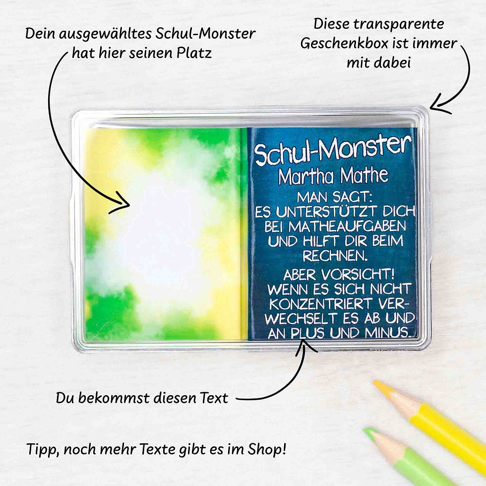 Miniaturbild: Leere Geschenkbox für ausgewähltes Monster mit bunter Rückwand und Textfeld mit Monstereigenschaften. Einschulungsgeschenk.