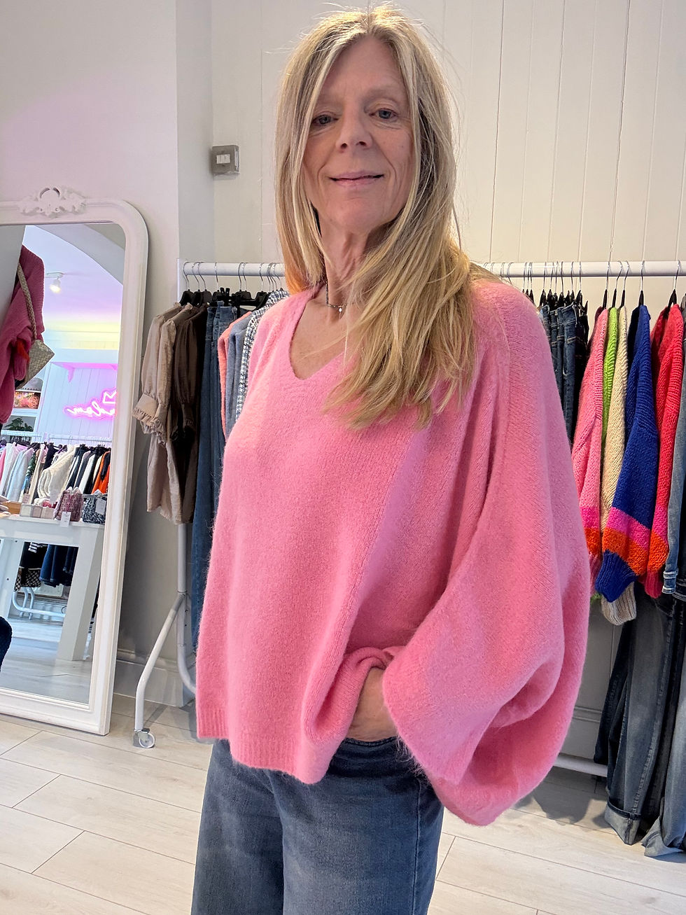 Thumbnail: Jules Oversized Knit in Azure Blue and Bubblegum