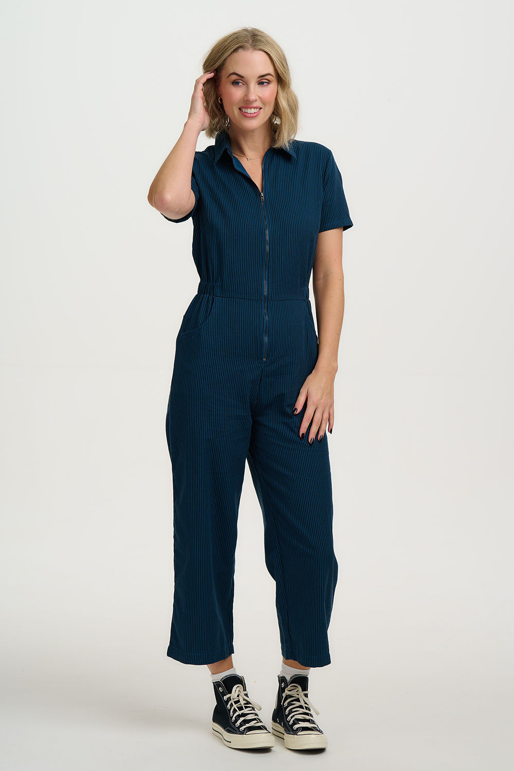 Cora Cropped Jumpsuit in Teal and Black