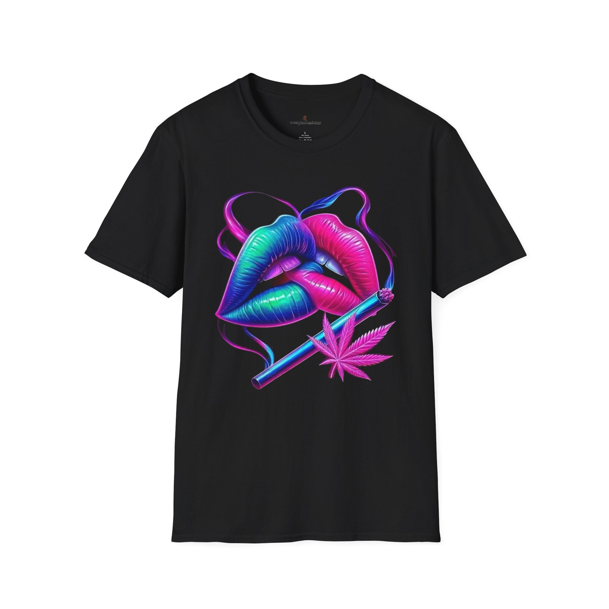 Psychedelic Neon Lips T-Shirt  Vaporwave Cannabis Art Tee
