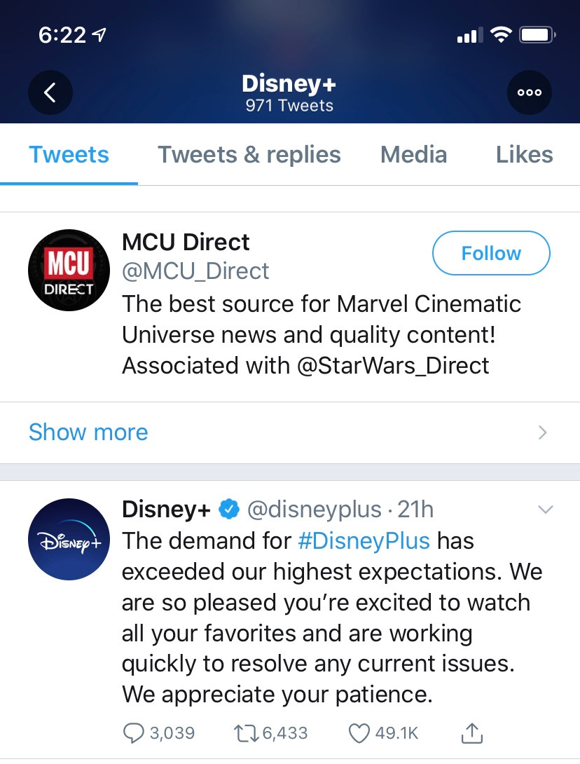a Tweet from Disney+ that reads: The demand for #DisneyPlus has exceeded our highest expectations. We are so pleased you're excited to watch all your favorites and are working quickly to resolve any current issues. We appreciate your patience.