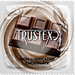 White condom wrapper with brown circle, chocolate bar, and Trustex logo, labeled "non-lubricated chocolate"
