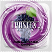 White condom wrapper with purple circle, grapes, and Trustex logo, labeled "non-lubricated grape"