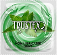 White condom wrapper with green circle, mint leaves, and Trustex logo, labeled "non-lubricated mint"