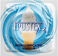 White condom wrapper with blue circle, ice cream cone, and Trustex logo, labeled "non-lubricated vanilla"