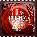 Red condom wrapper with Trustex logo and cola can, labeled "cola"