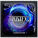Black condom wrapper with Trustex logo, labeled "Lubricated"