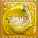Yellow condom wrapper with Trustex logo and bananas, labeled "banana"