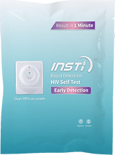 HIV self test package, blue colour with Insti logo and words "Rapid detection, HIV self test, early detection, over 99% accurate, results in 1 minute"