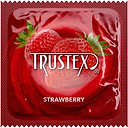 Red condom wrapper with Trustex logo and strawberries, labeled "strawberry"