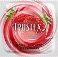 White condom wrapper with red circle, strawberries, and Trustex logo, labeled "non-lubricated strawberry"