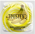 White condom wrapper with yellow circle, bananas, and Trustex logo, labeled "non-lubricated banana"