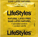 Yellow condom wrapper with black words: LifeStyles, natural latex free, 1 lubricated condom