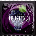 Purple condom wrapper with Trustex logo and grapes, labeled "grape"