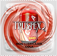 White condom wrapper with red circle, cola can, and Trustex logo, labeled "non-lubricated cola"