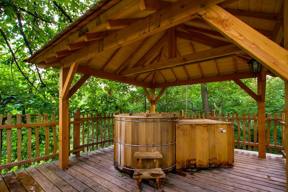 bain nordique sur terrasse avec accès par pont suspendu dans la Cabane Origin