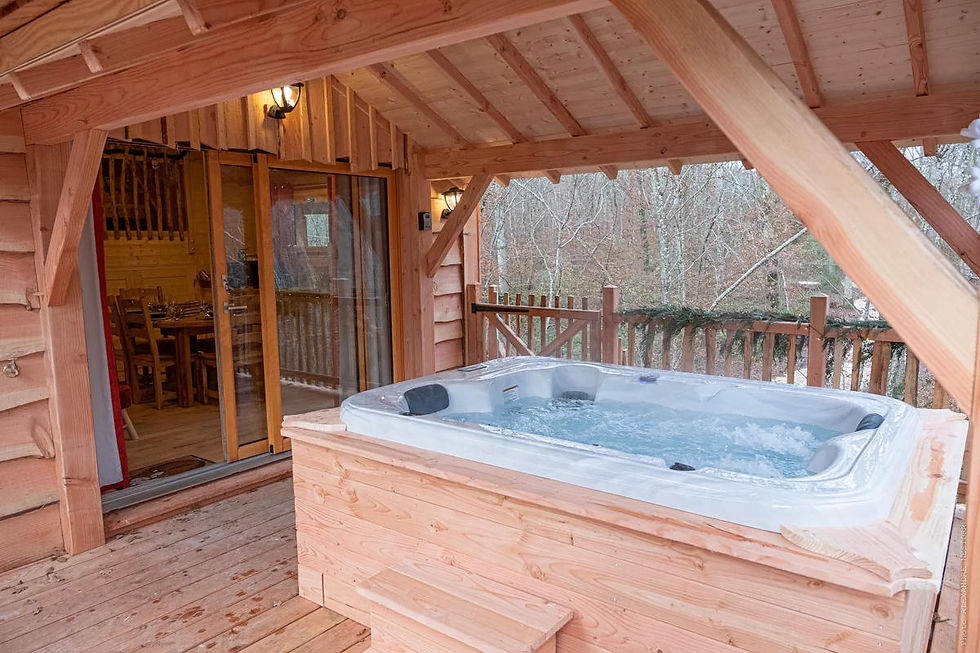 jacuzzi privatif sur la terrasse de la Cabane aux Oiseaux au cœur de la nature
