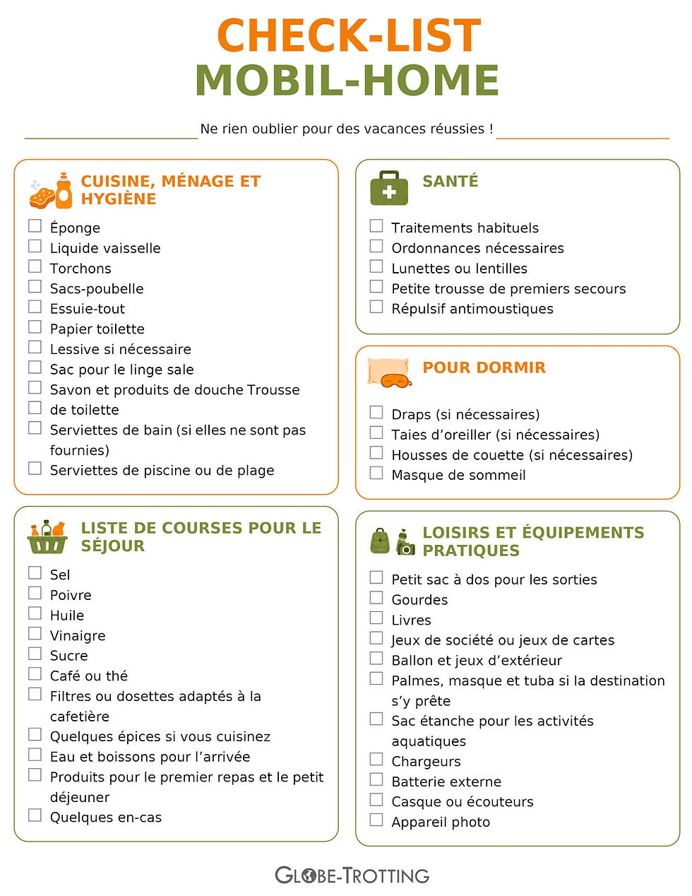 Check-list mobil-home à télécharger et à imprimer : liste des affaires à emporter en vacances