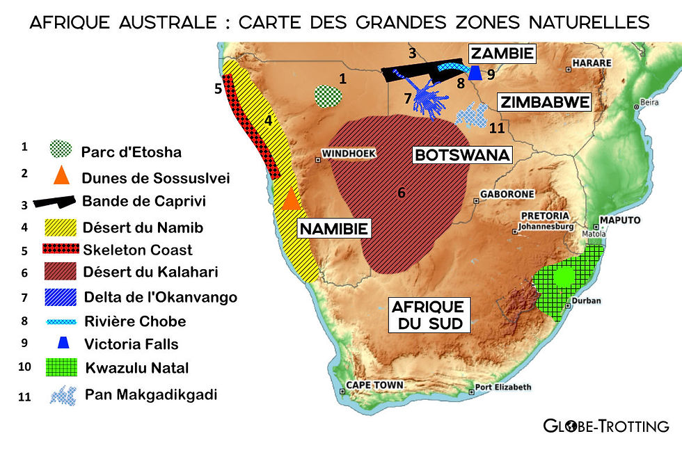 Carte Afrique australe : topographie et sites majeurs