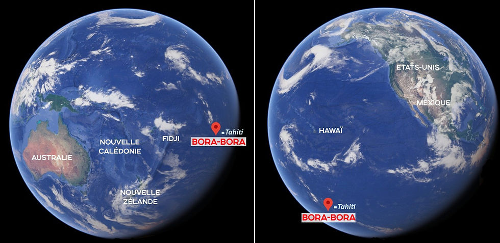 Bora Bora sur le globe par rapport à Tahiti 