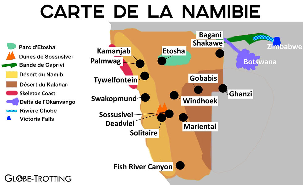 Carte Namibie déserts