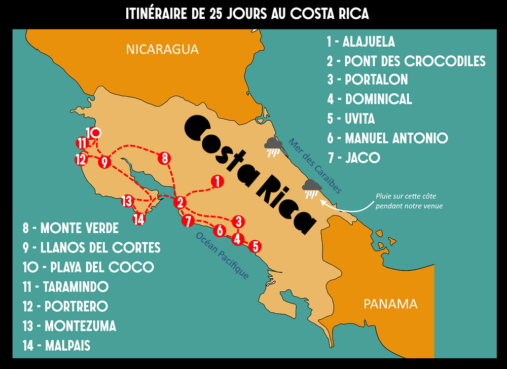 carte itinéraire costa rica un mois