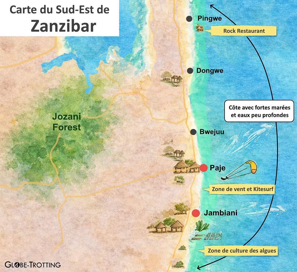 Carte de la côte Sud-Est de Zanzibar – villages, lagons et zones de vent