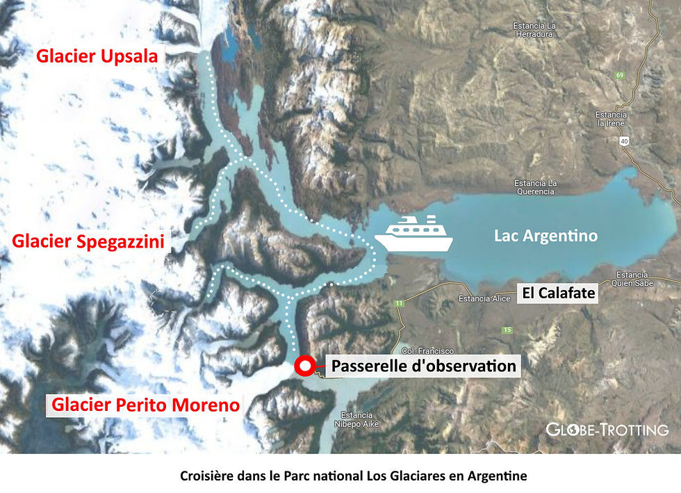 Carte du Parc national Los Glaciares avec glaciers Upsala, Spegazzini, Perito Moreno, Lac Argentino, croisière et El Calafate.