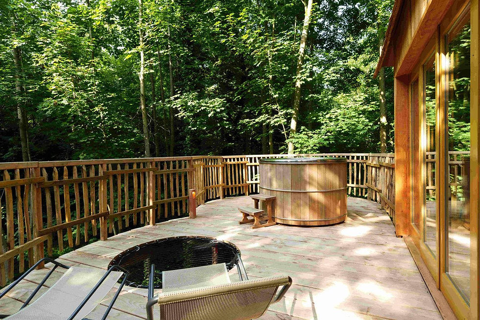 bain nordique sur la terrasse en hauteur dans la Cabane Spa Canopée