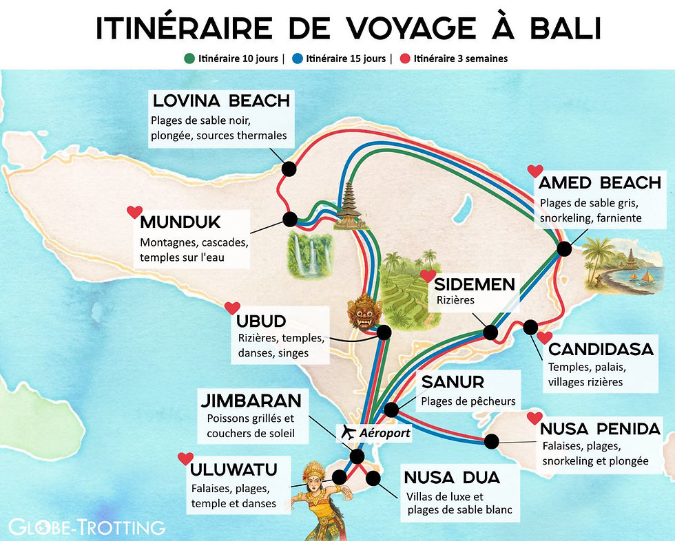 Carte itinéraires 3 semaines Bali et variantes 10 jours ou 15 jours