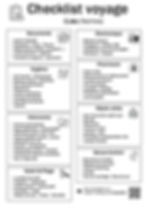 Checklist voyage en noir et blanc à imprimer pour économiser l'encre . Liste complète avec sections: documents, hygiène, vêtements, électronique, pharmacie, soleil & plage, objets utiles.