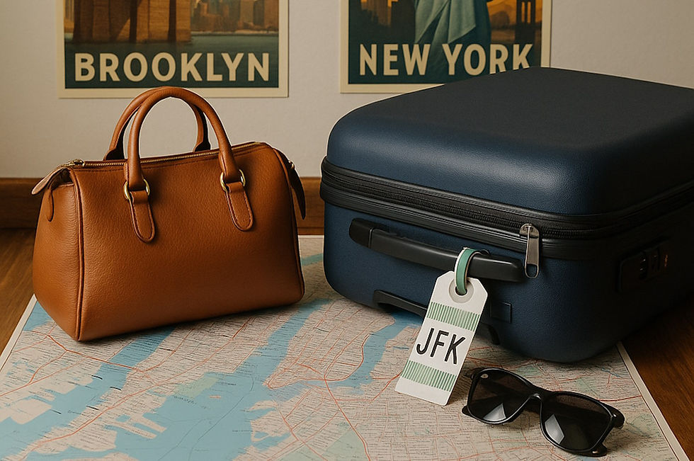 Valise et sac à main posés sur carte de New York