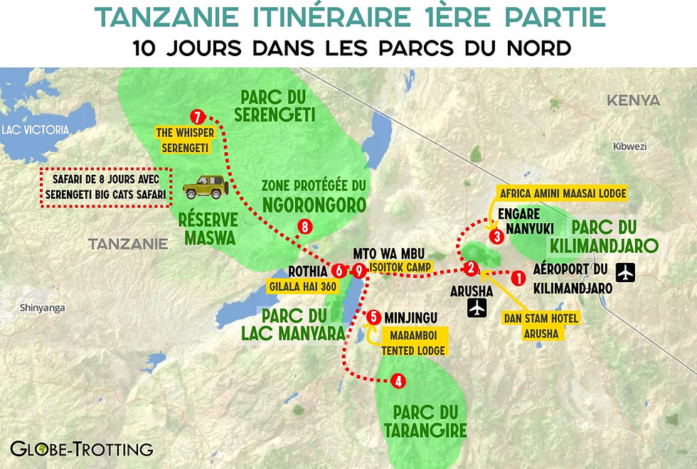 Carte itinéraire safari 8 jours tanzanie