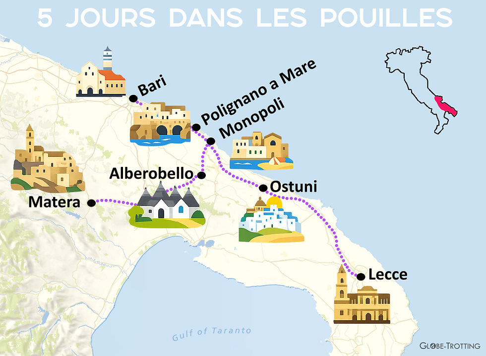 Carte des Pouilles: itinéraire de Bari à Lecce pour 5 jours de roadtrip