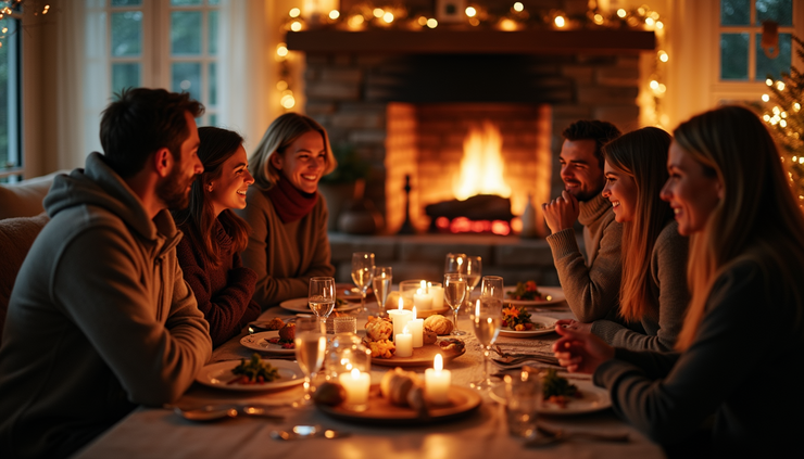 Eye-level view of a cozy living room with friends chatting around a warm fireplace