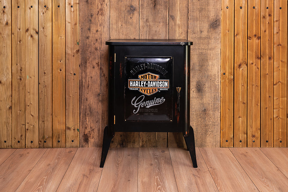 Miniature : Cabinet Harley-Davidson upcyclé noir avec logo Genuine, intérieur orange, style biker, Saint-Rémy-de-Provence