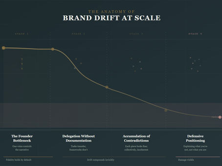 Timeline diagram showing four stages of brand drift as companies scale content production beyond founder oversight