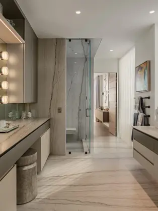 Contemporary Italian bathroom by TM ITALIA with extended vanity cabinetry and refined interior design.
