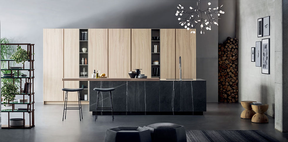 TM ITALIA Italian-made kitchen with wood veneer cabinets and stone front cabinets on the island. Minimalist European style kitchen.