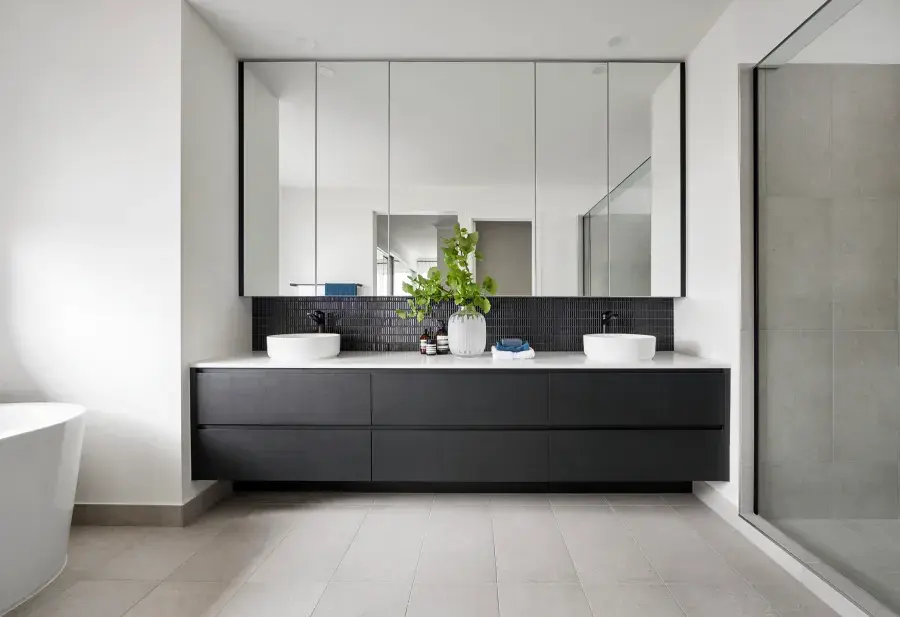 Modern European bathroom vanity with handleless cabinetry, floating design, and minimalist Italian bathroom style.