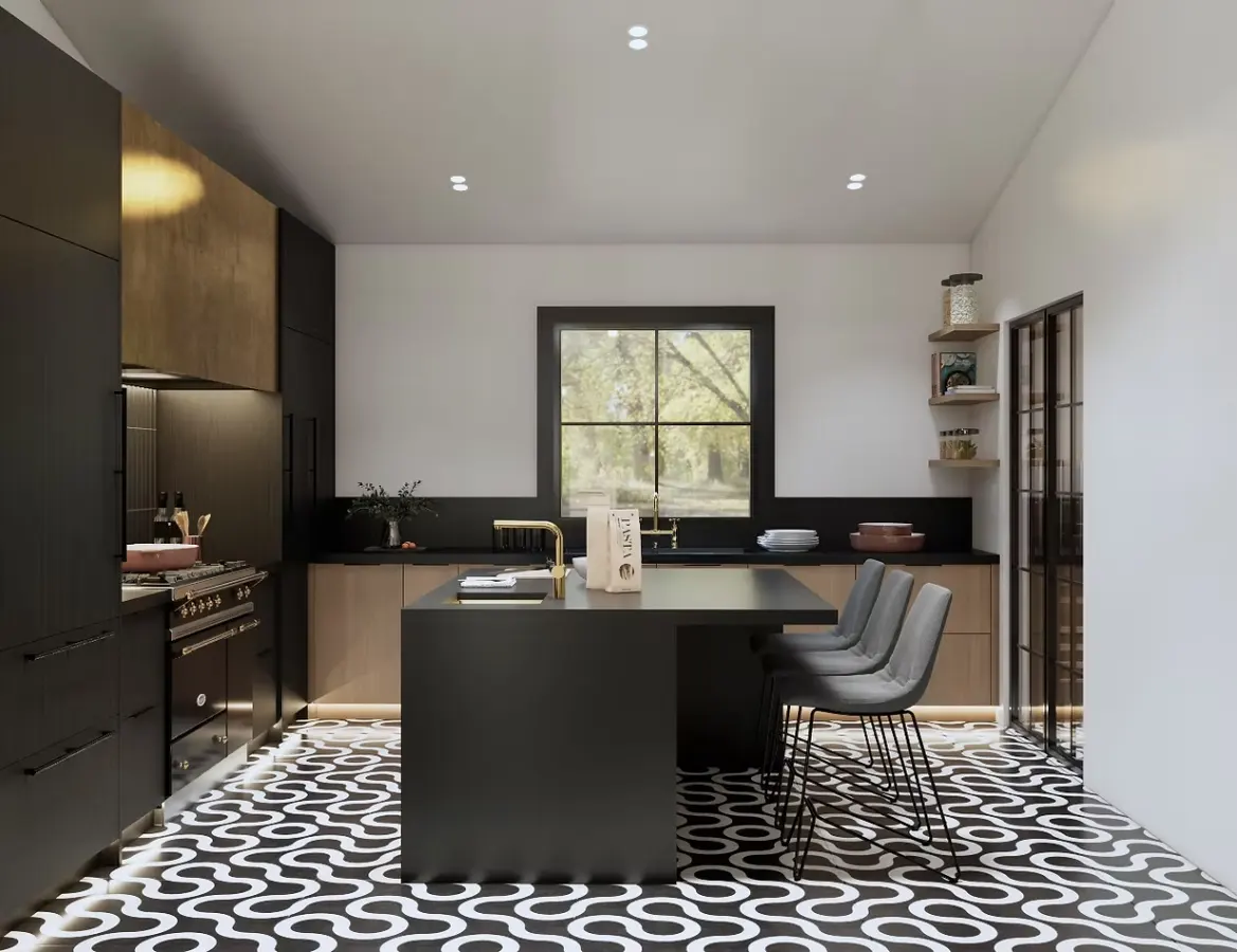 Contemporary European kitchen cabinets with dark finishes and brass accents, designed for a refined San Mateo, California residence.