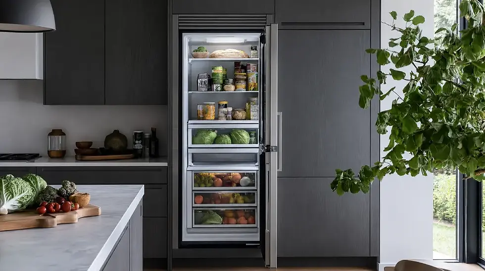 Panel-ready refrigerator integrated into dark custom kitchen cabinetry