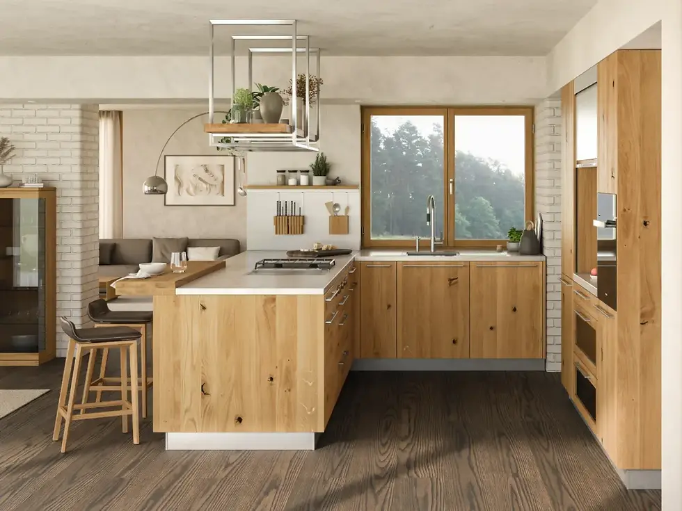 TEAM 7 Black kitchen with walnut cabinetry, open shelving and dark kitchen finishes