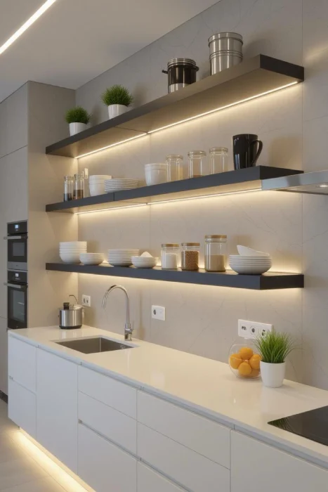Open shelves kitchen with integrated LED lighting and minimalist European cabinetry