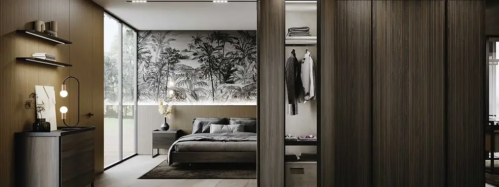 Luxury walk-in closet with walk-in closet island and custom Italian wardrobe system from GF Interiors featuring ribbed wood panels and integrated LED lighting.